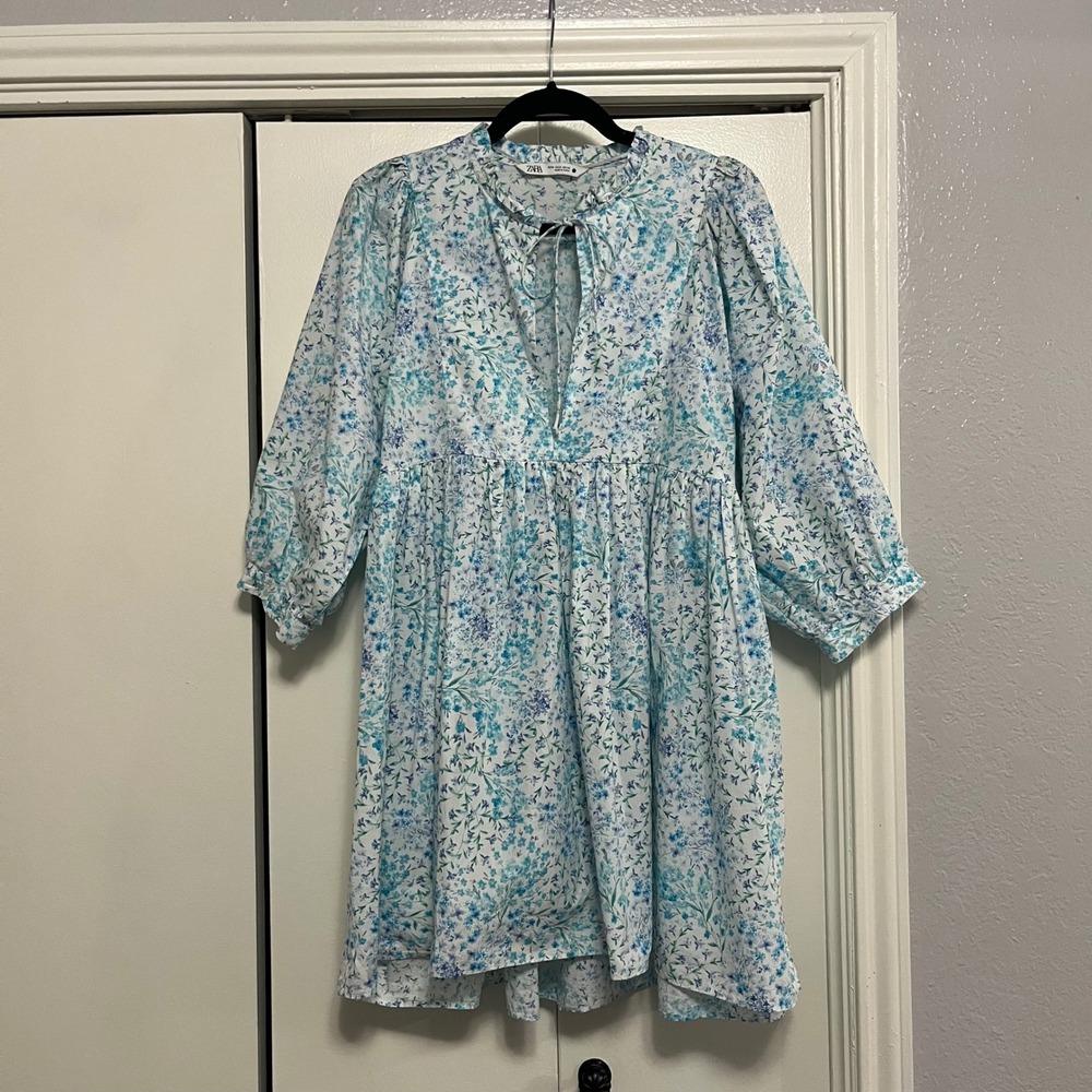 Zara White & Light Blue Floral Mini Dress